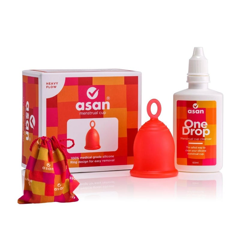 Asan Menstrual Cup (Heavy Flow) + OneDrop Cleanser, 60 ml Combo Pack | Easy to Insert, Remove & Sterilise | Leakproof, Reusable & Portable | Medical Grade Silicone I Eco Period Products